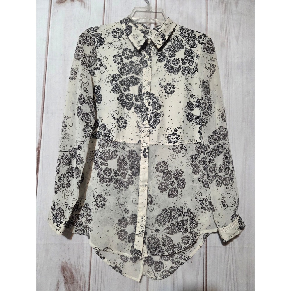 LC Lauren Conrad Womens Small Ivory Black Floral Sheer Chiffon Satin Blouse Top